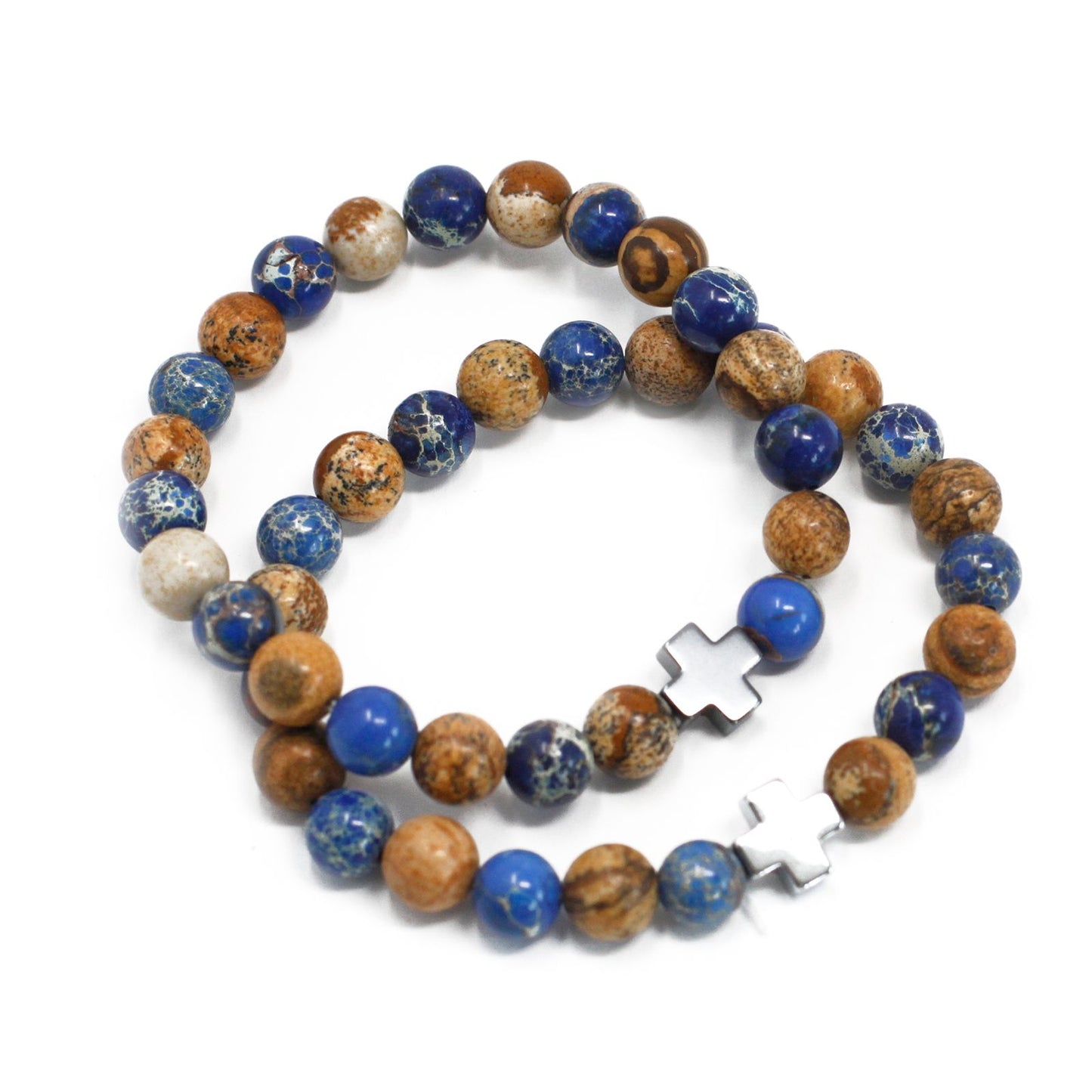 Two beaded gemstone friendship bracelets featuring blue sodalite and earthy tan picture stone on a white background.