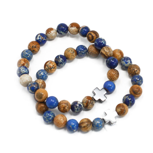 Two beaded gemstone friendship bracelets featuring blue sodalite and earthy tan picture stone on a white background.