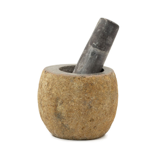 Hand-carved small natural grey riverstone decorative pestle and mortar with a smooth yet textured finish.