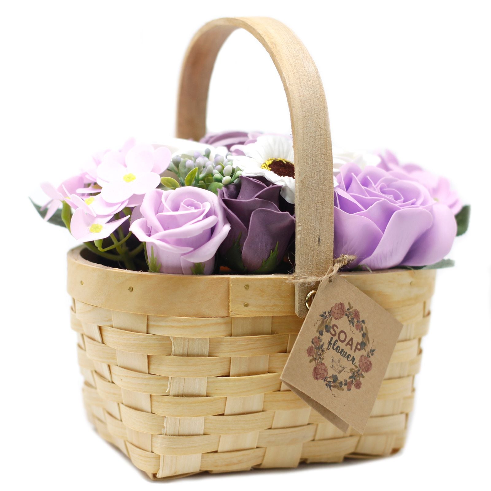 Large lilac soap flower bouquet featuring roses and a sunflower arranged in a rustic wicker basket.