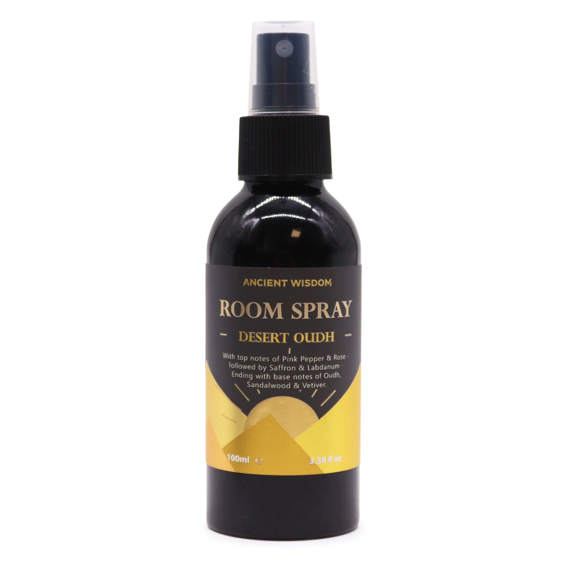 Elegant 100ml room spray bottle with a minimalist label featuring the Desert Oudh fragrance.