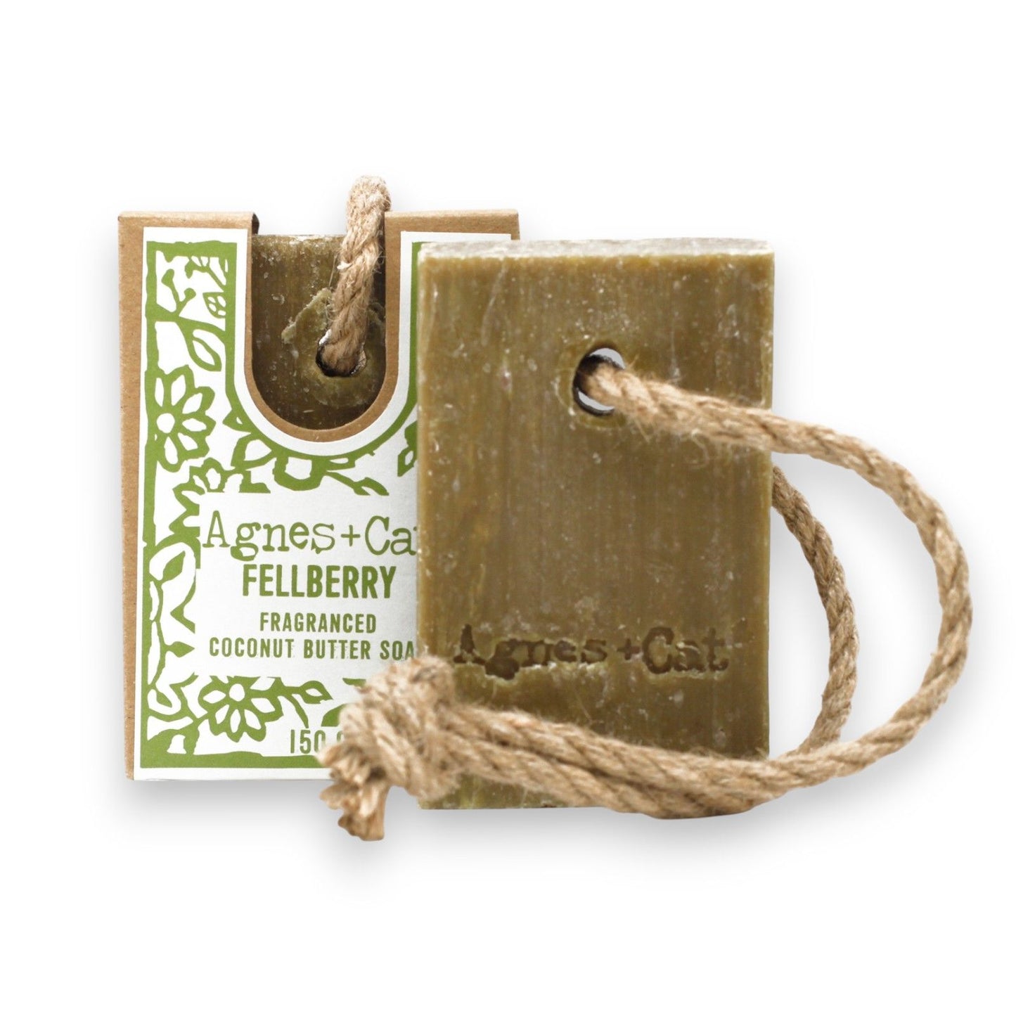 Handcrafted purple artisanal soap bar on a natural hanging rope with a textured surface.