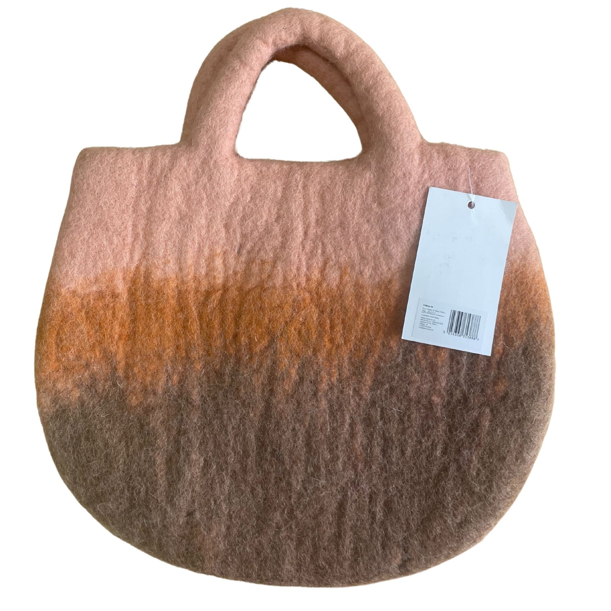 Handmade felted wool bag featuring a vibrant yellow sunflower and small honey bees on a natural background.