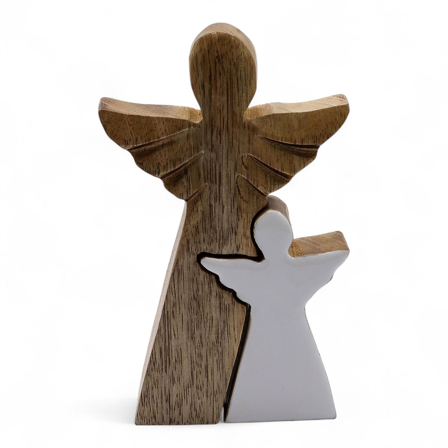 Graceful hand-carved double angel figurine made from natural mango wood with a smooth white enamel inlay.