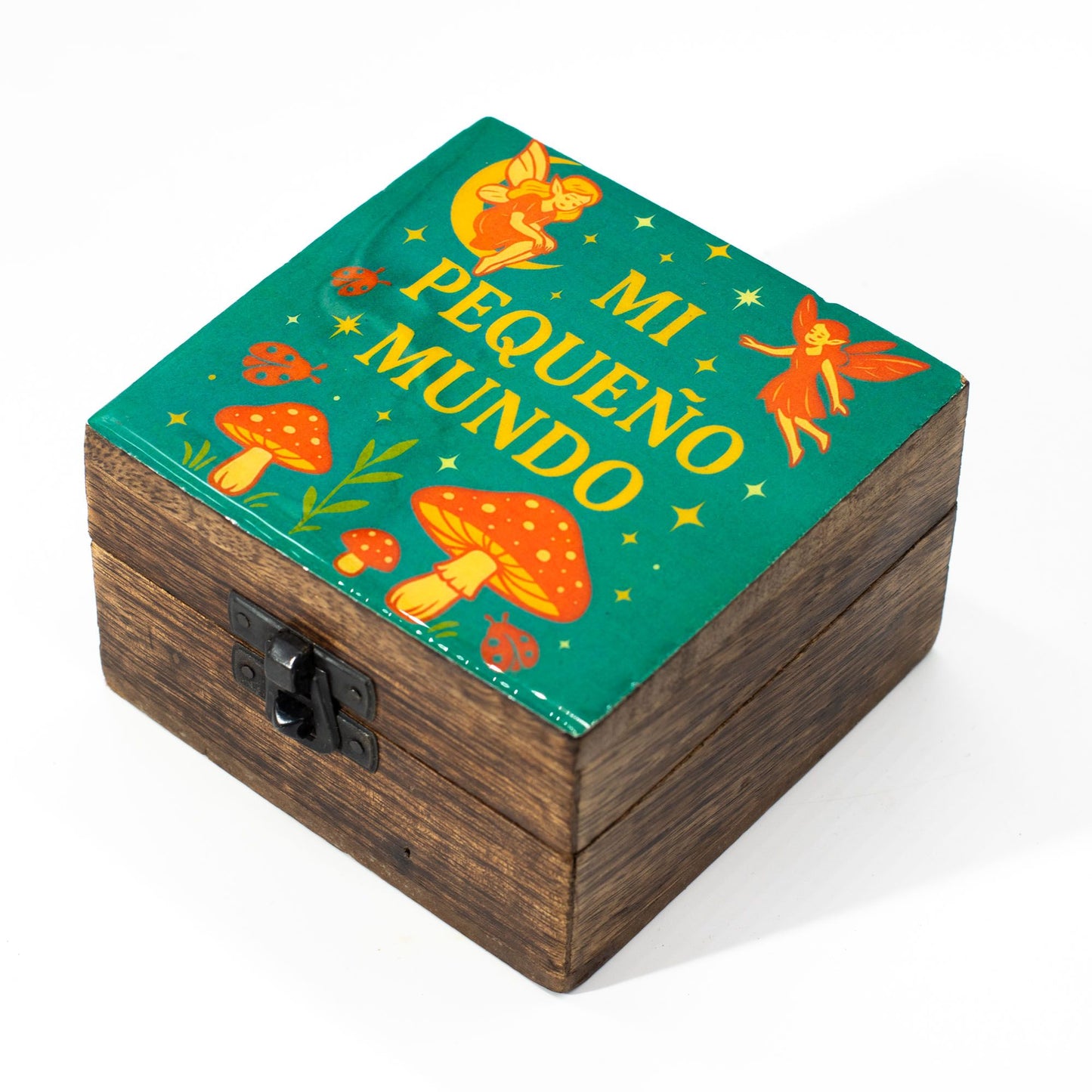 Small mango wood box with an enamelled teal lid featuring whimsical fairies, moons, mushrooms, and ladybirds.