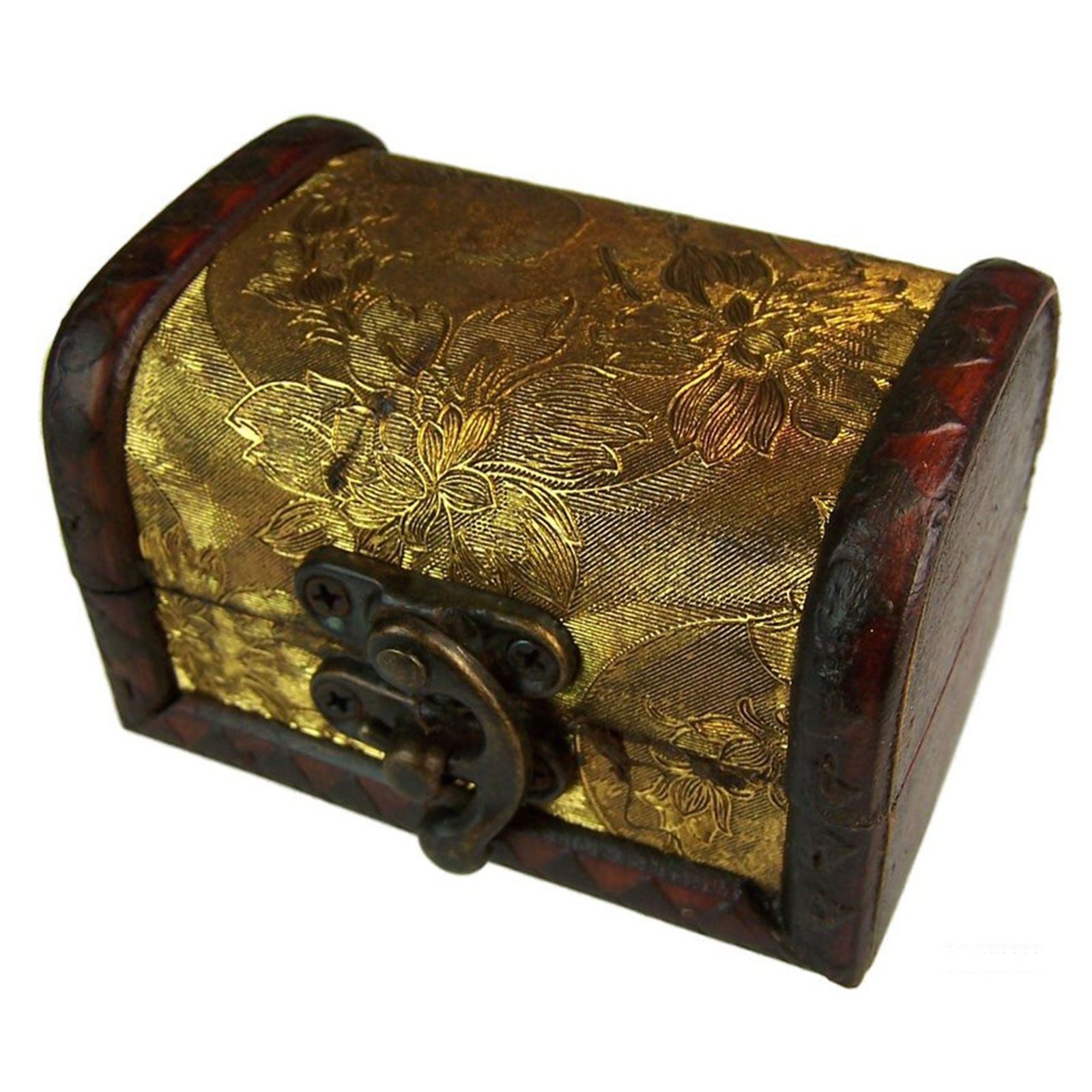 Vintage style medium wooden box with decorative gold panels and antique-look brass fittings.
