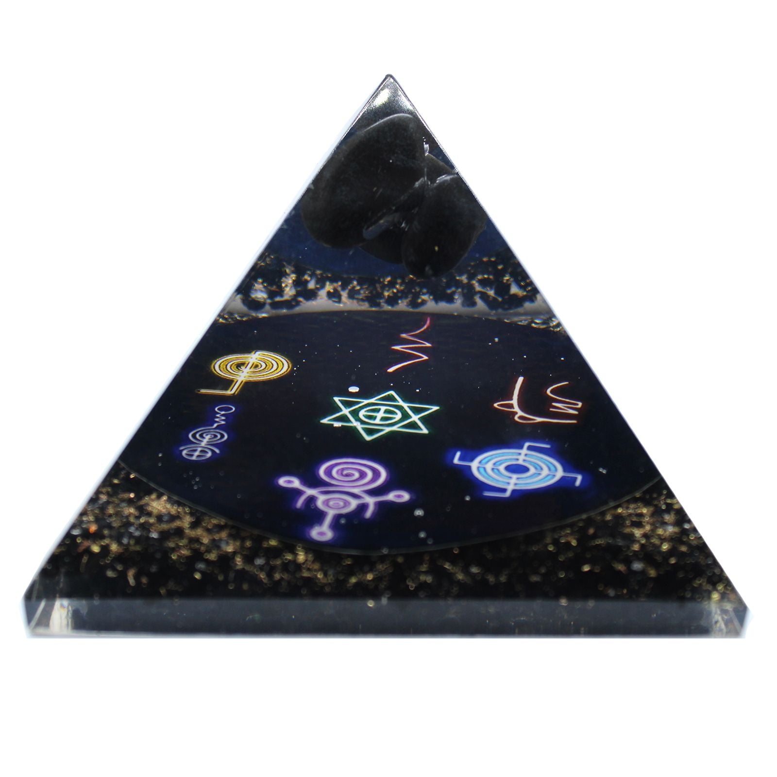 Large 90mm orgonite pyramid with a dark midnight reiki design featuring metallic layers and resin crystals.
