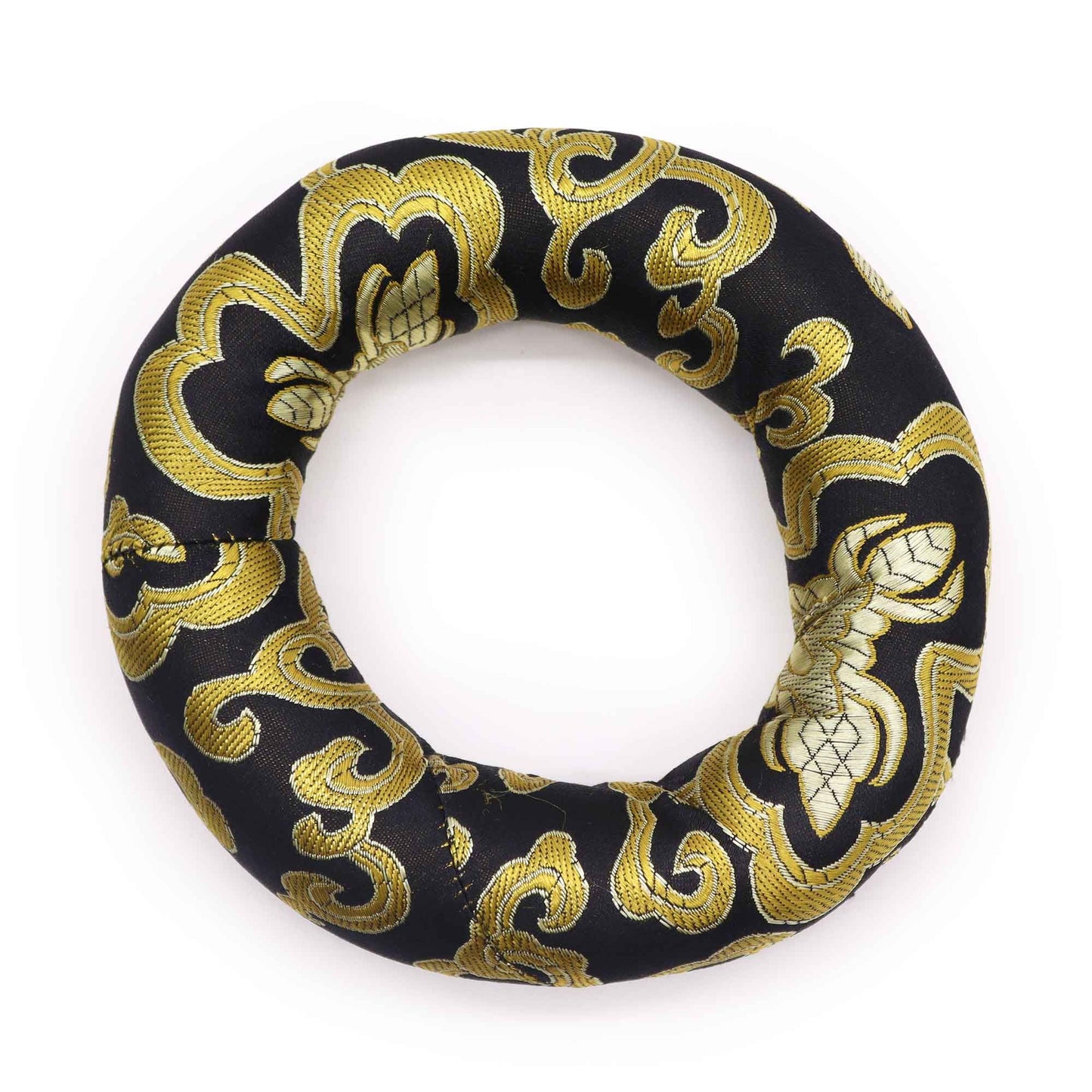 A circular fabric hoop cushion designed to support a singing bowl, shown in a vibrant assorted colour.