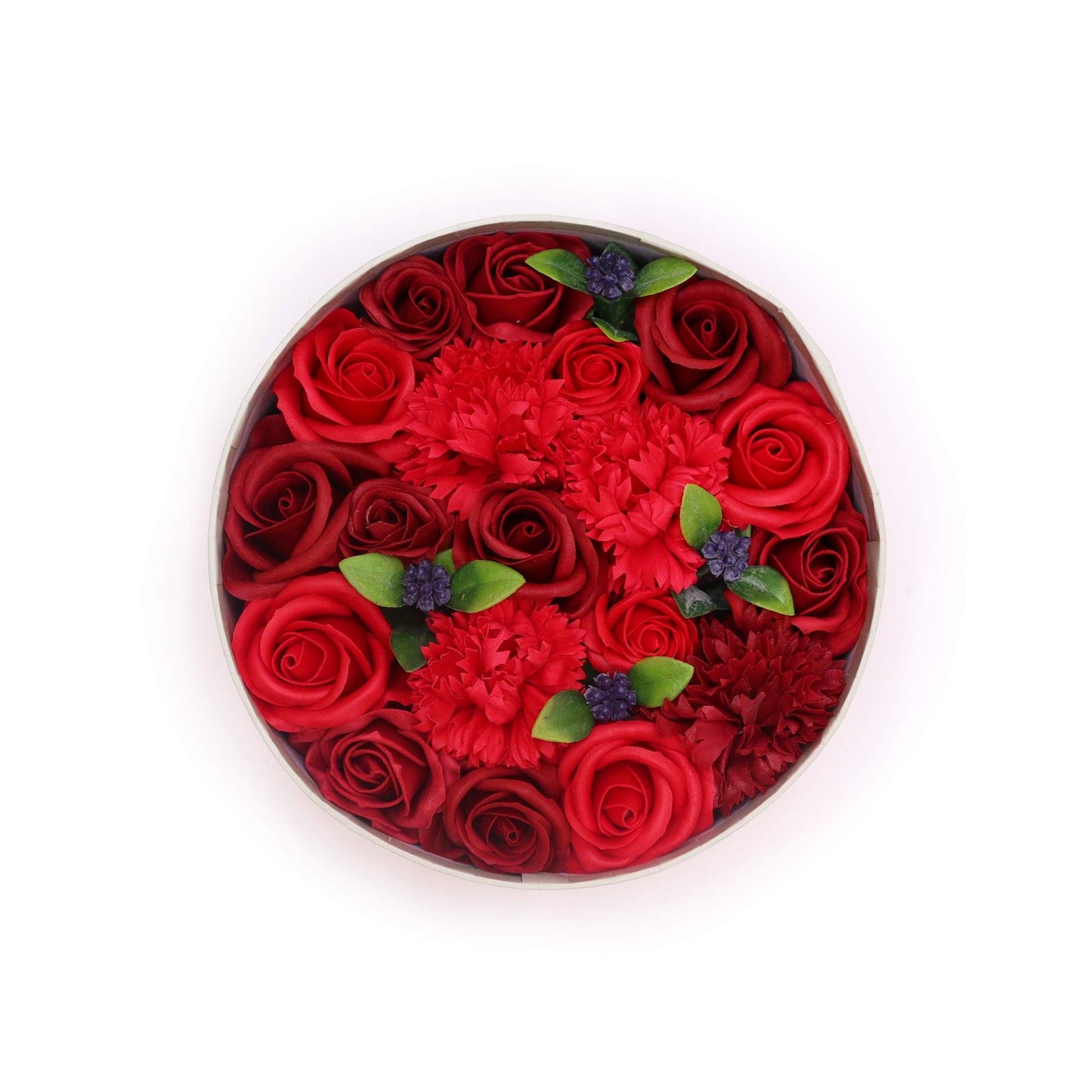 Elegant round black gift box filled with realistic, intricately crafted red soap roses.