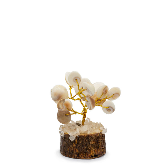 Small circular stone tree featuring white Gomati Chakra shells and brown Rudraksha seeds on twisted wire branches.