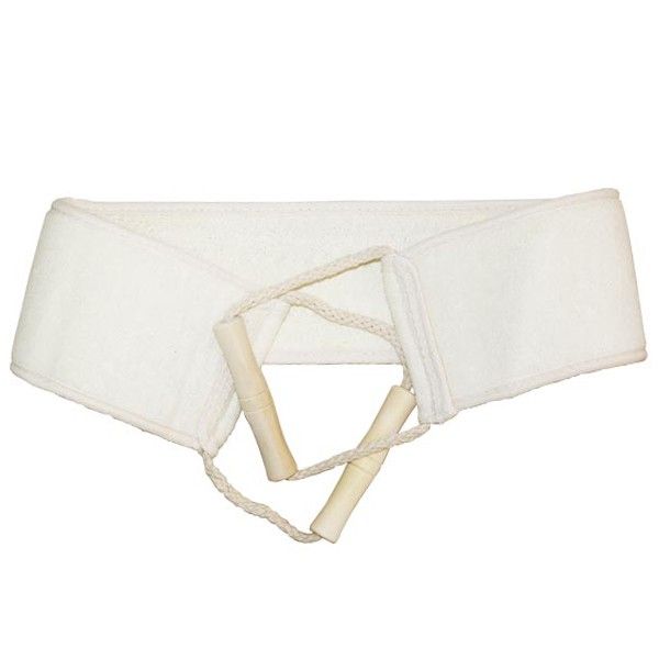 Natural fibrous loofah back scrubber with long handles for easy reach and exfoliation in the bath or shower.