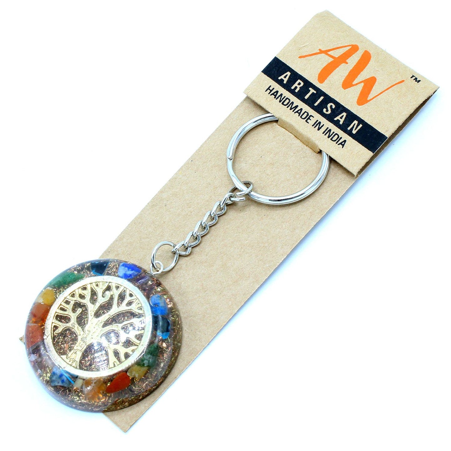 Circular orgonite keyring featuring a copper Tree of Life symbol over multi-coloured chakra gemstones.