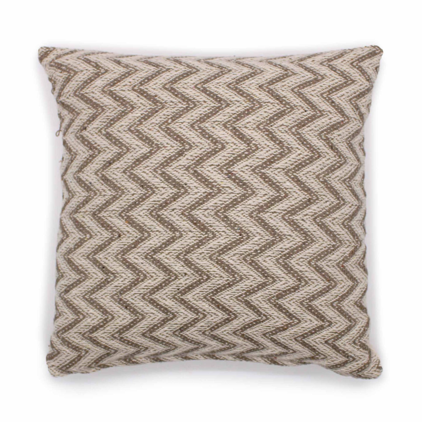 Grey and white herringbone pattern cotton cushion cover with a wide weave texture.