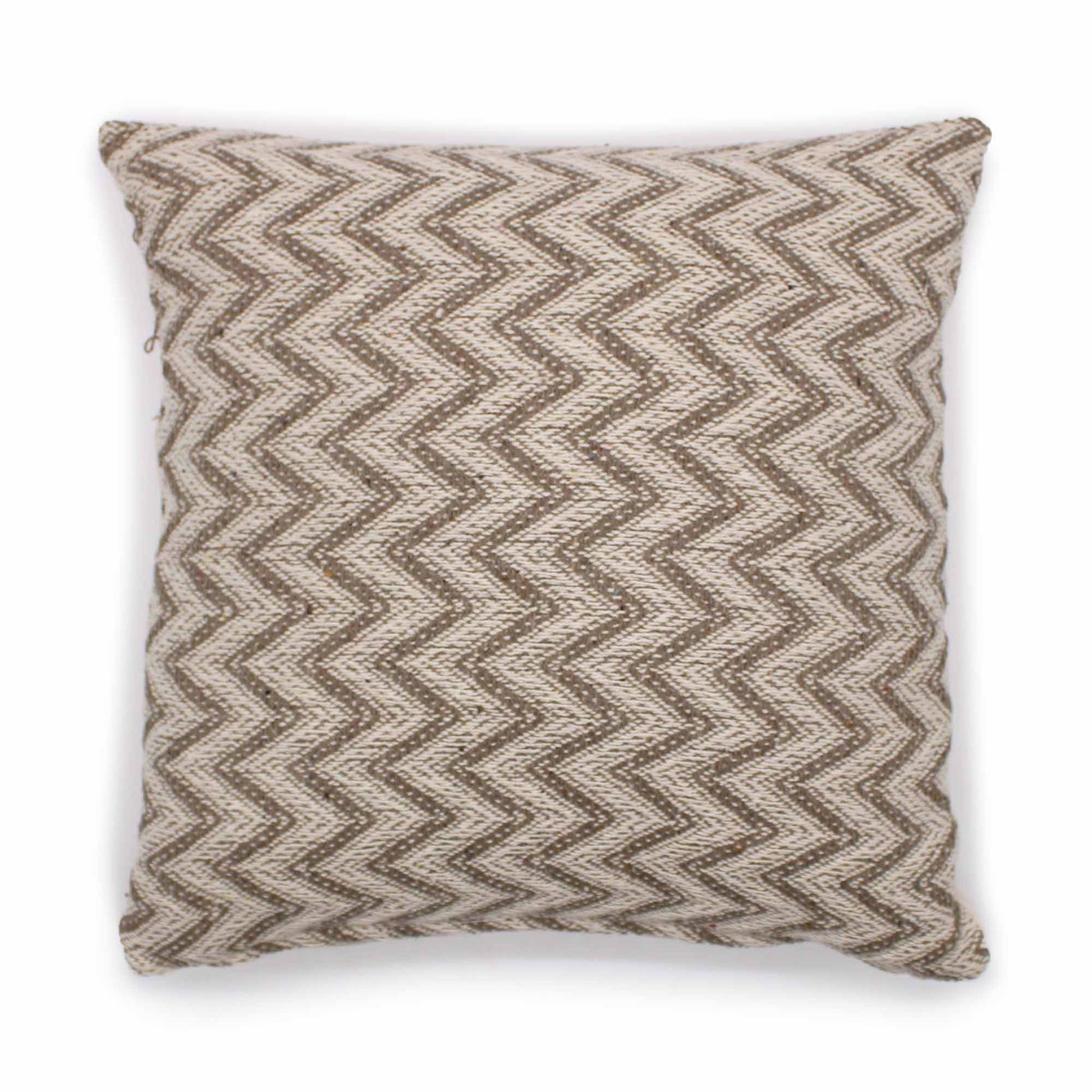 Grey and white herringbone pattern cotton cushion cover with a wide weave texture.
