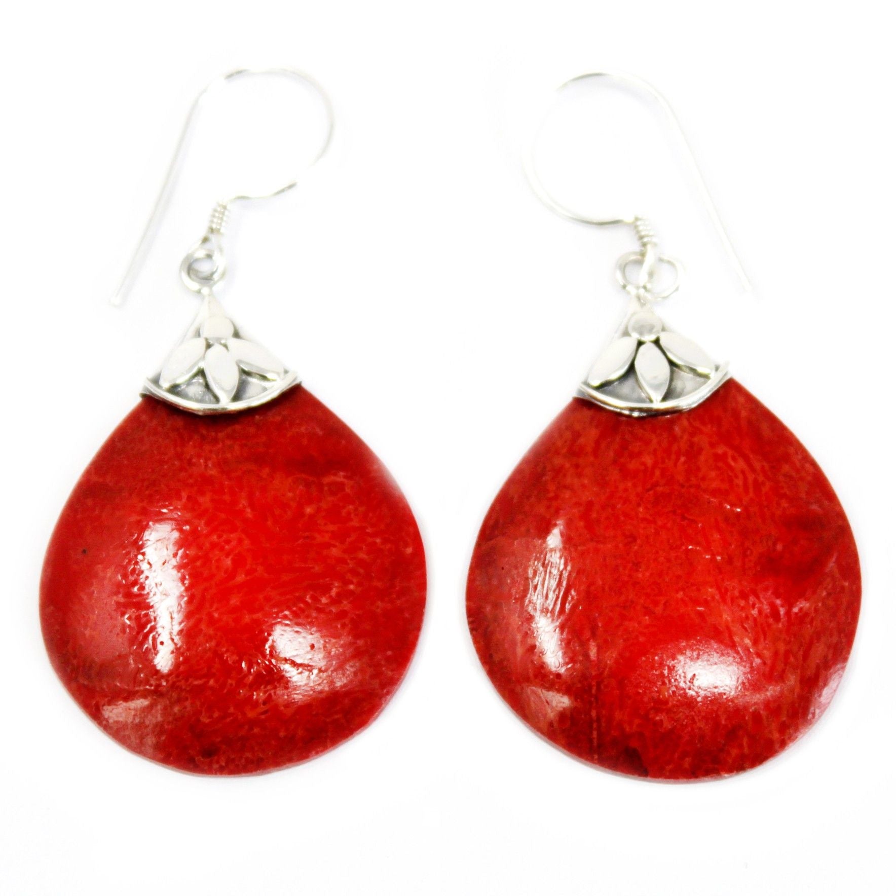 Elegant 925 silver drop earrings featuring polished silver spheres and vibrant red coral imitation beads.