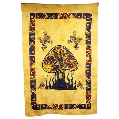 Large brown textile wall hanging featuring a detailed illustration of forest mushrooms and a delicate dragonfly.
