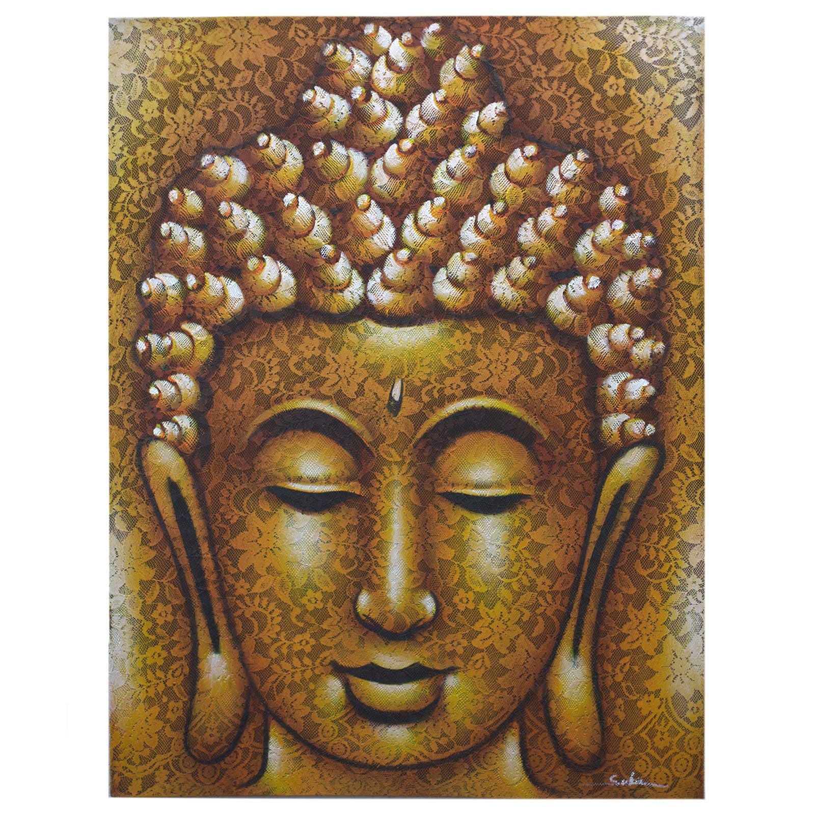Hand-painted Buddha portrait on canvas with intricate gold brocade detailing and a natural wooden frame.