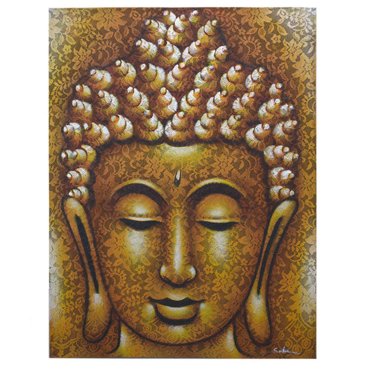 Hand-painted Buddha portrait on canvas with intricate gold brocade detailing and a natural wooden frame.
