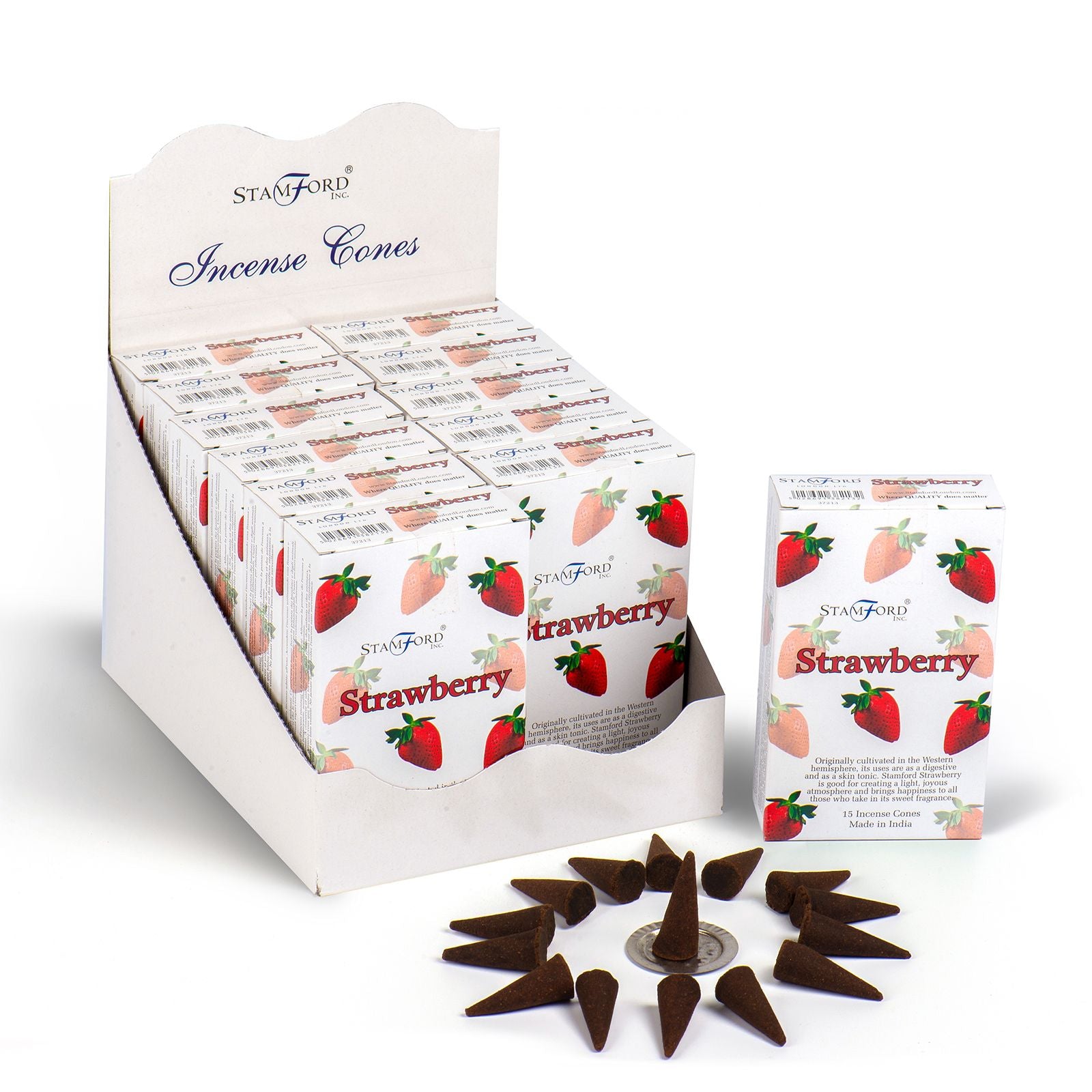 A pile of red incense cones with a sweet strawberry fragrance on a neutral background.