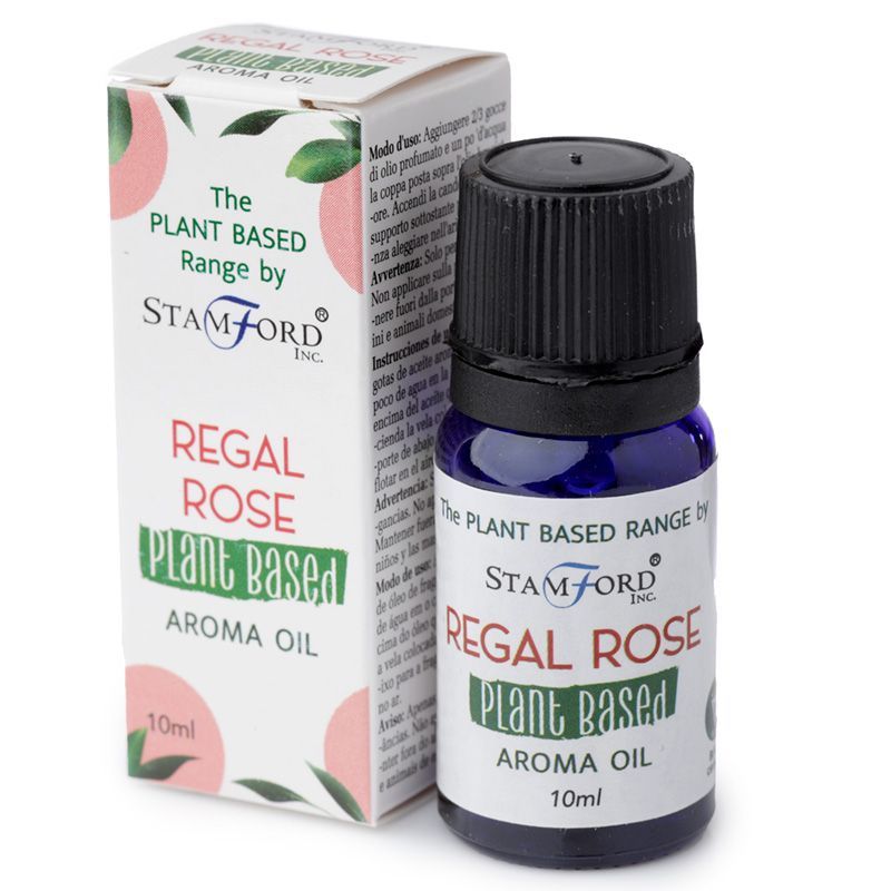 A small glass bottle of Regal Rose plant-based aroma oil with a minimalist label.