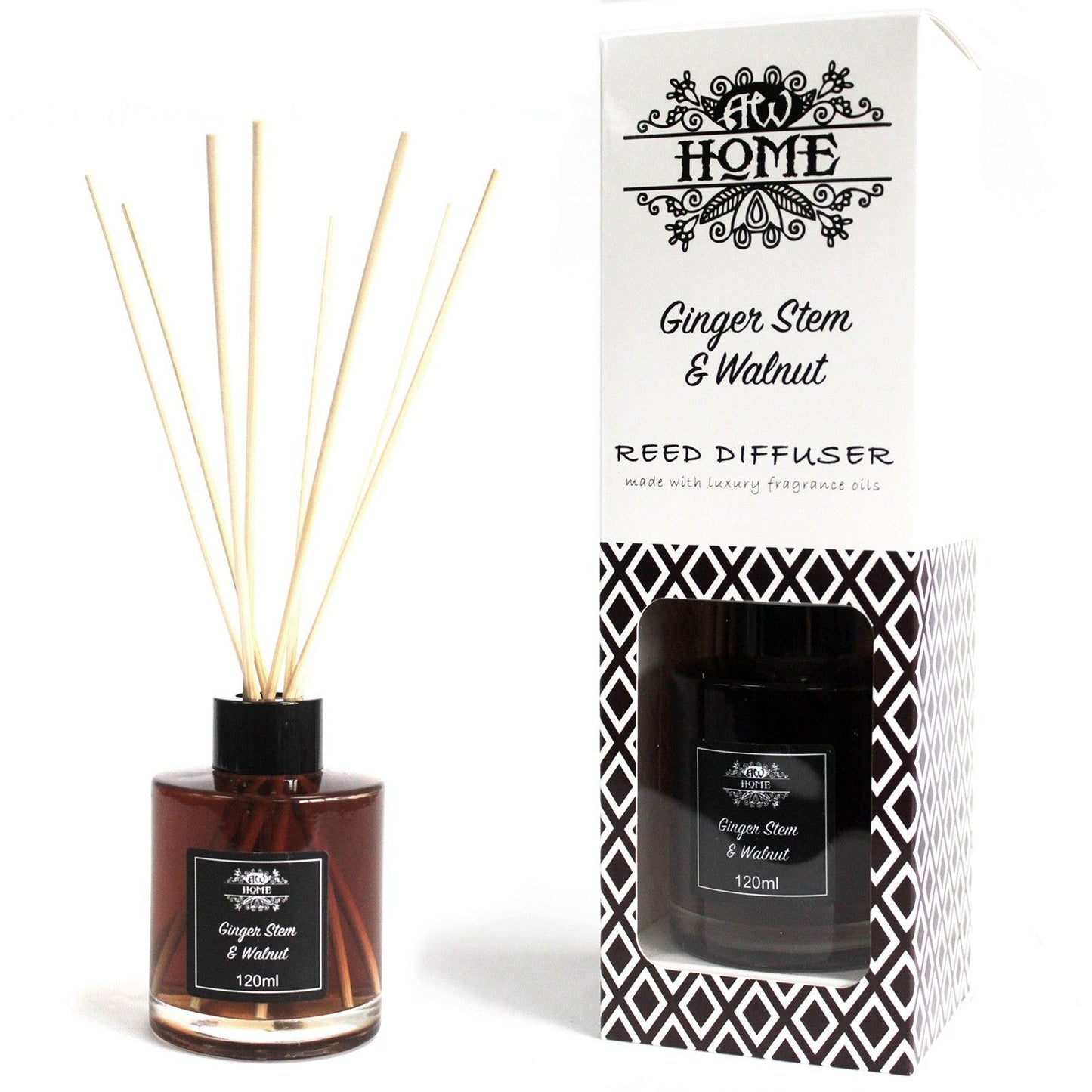 Clear glass reed diffuser bottle filled with scented oil and natural rattan reeds against a neutral background.