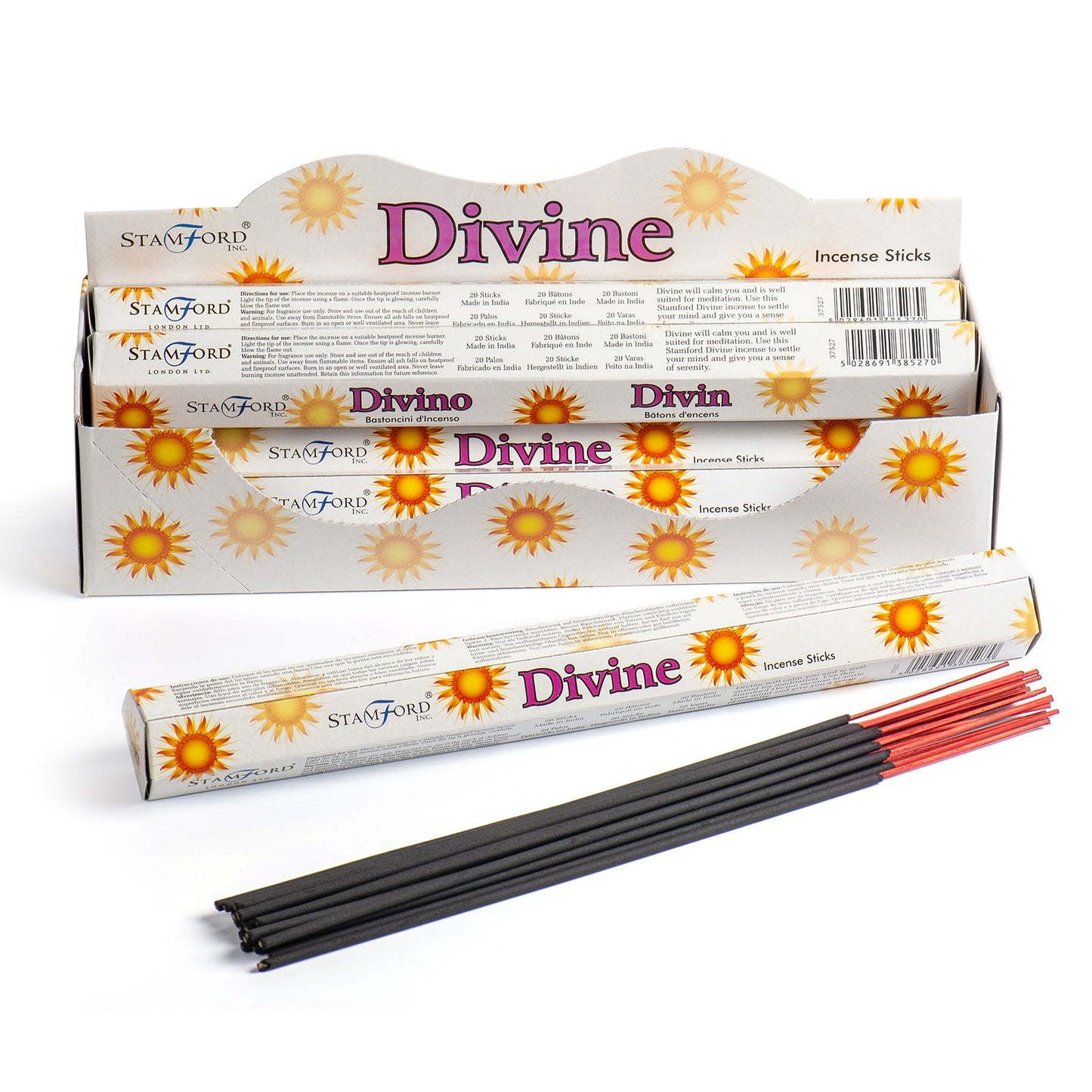 Hexagonal box of premium incense sticks with a spiritual design and floral patterns.