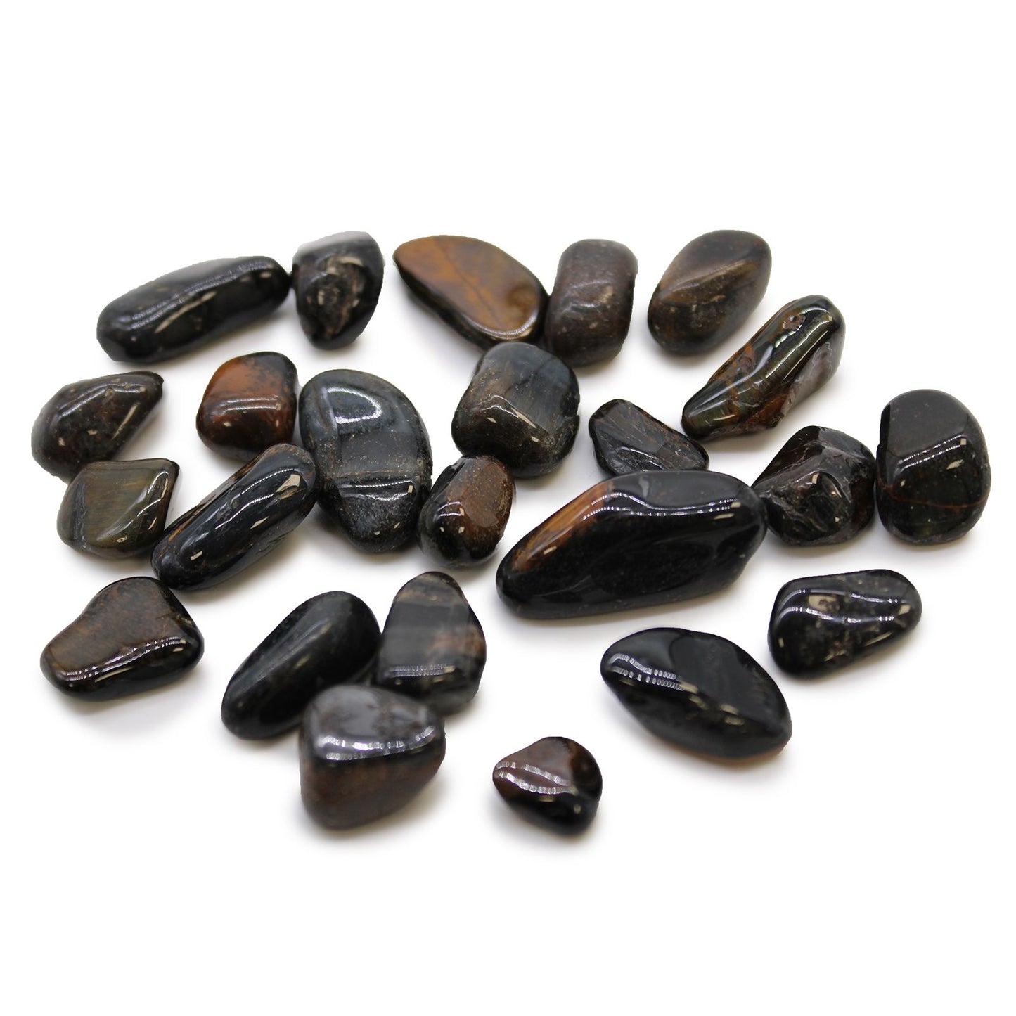 Smooth, polished blue tiger's eye tumble stones with a characteristic shimmering chatoyant light effect.