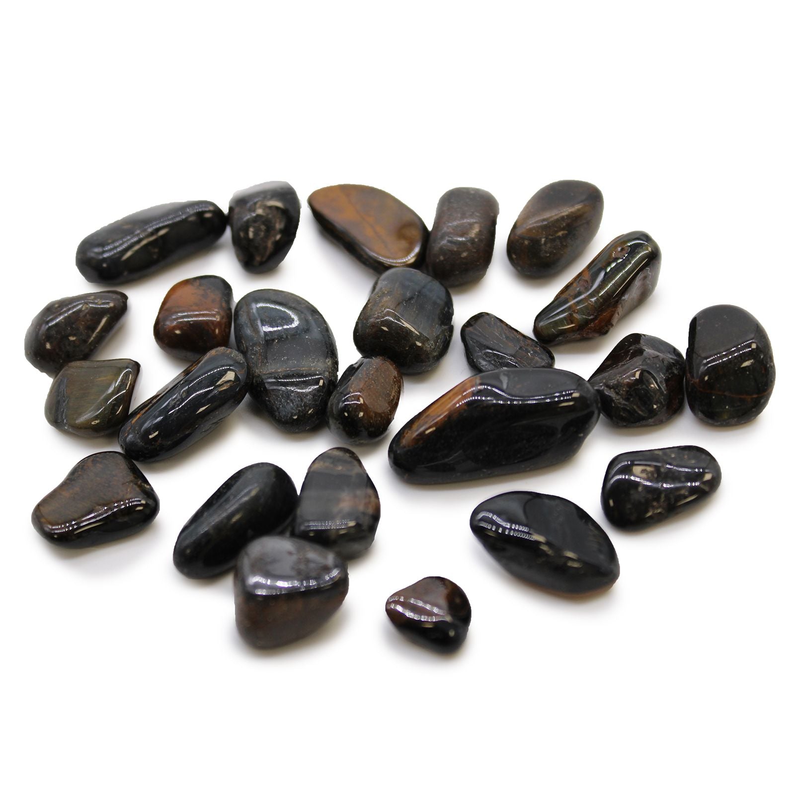 Smooth, polished blue tiger's eye tumble stones with a characteristic shimmering chatoyant light effect.
