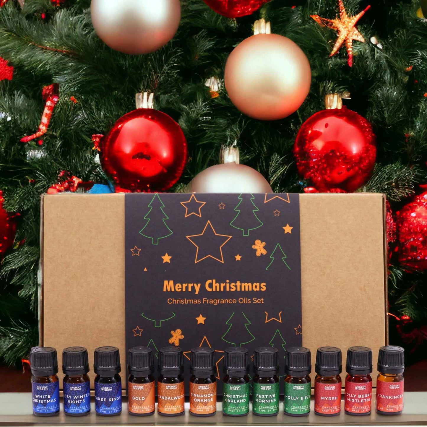 Festive Christmas fragrance oil gift set with five bottles of seasonal scents in decorative holiday packaging.