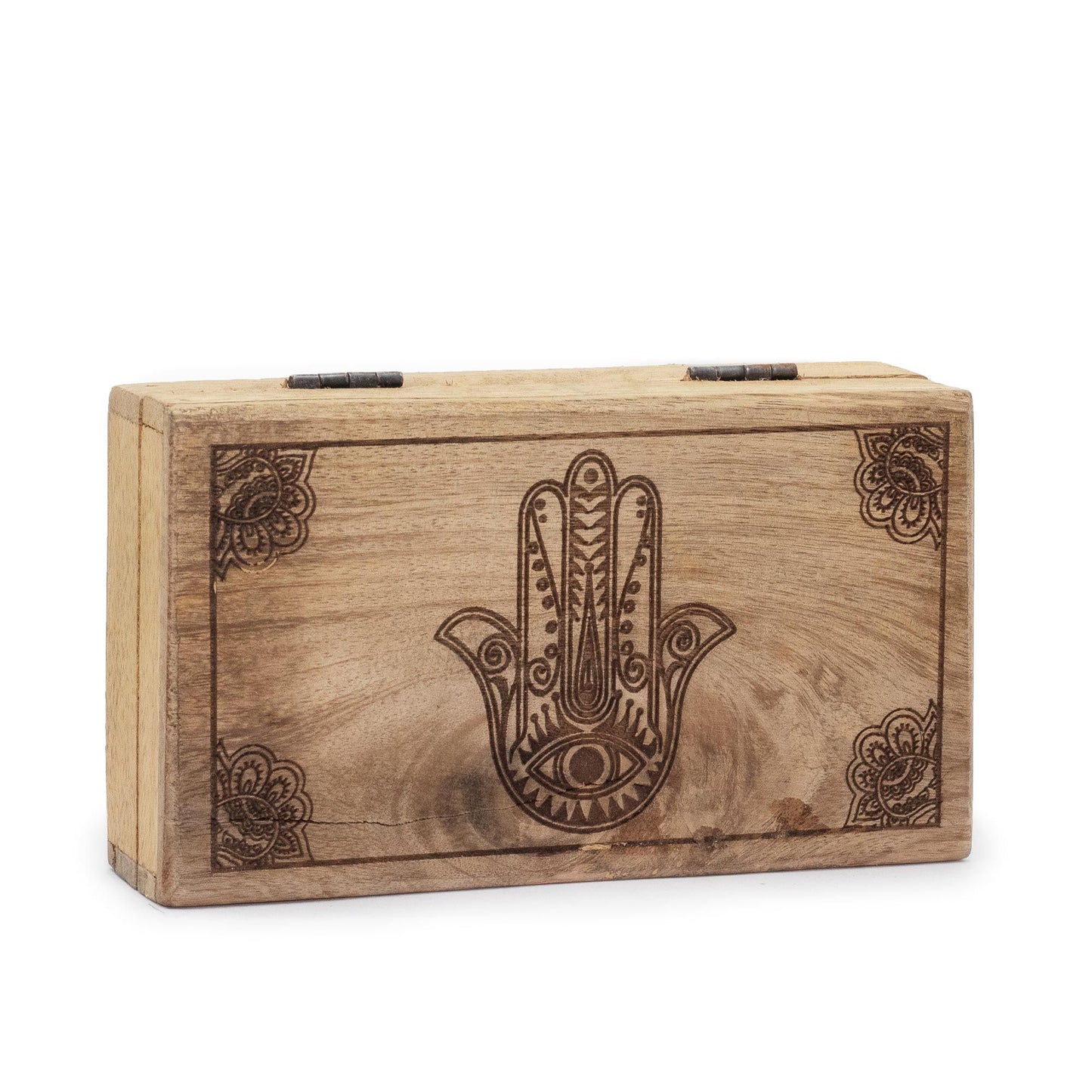 Square black wooden box featuring an intricate engraved Hamsa hand design on the lid.
