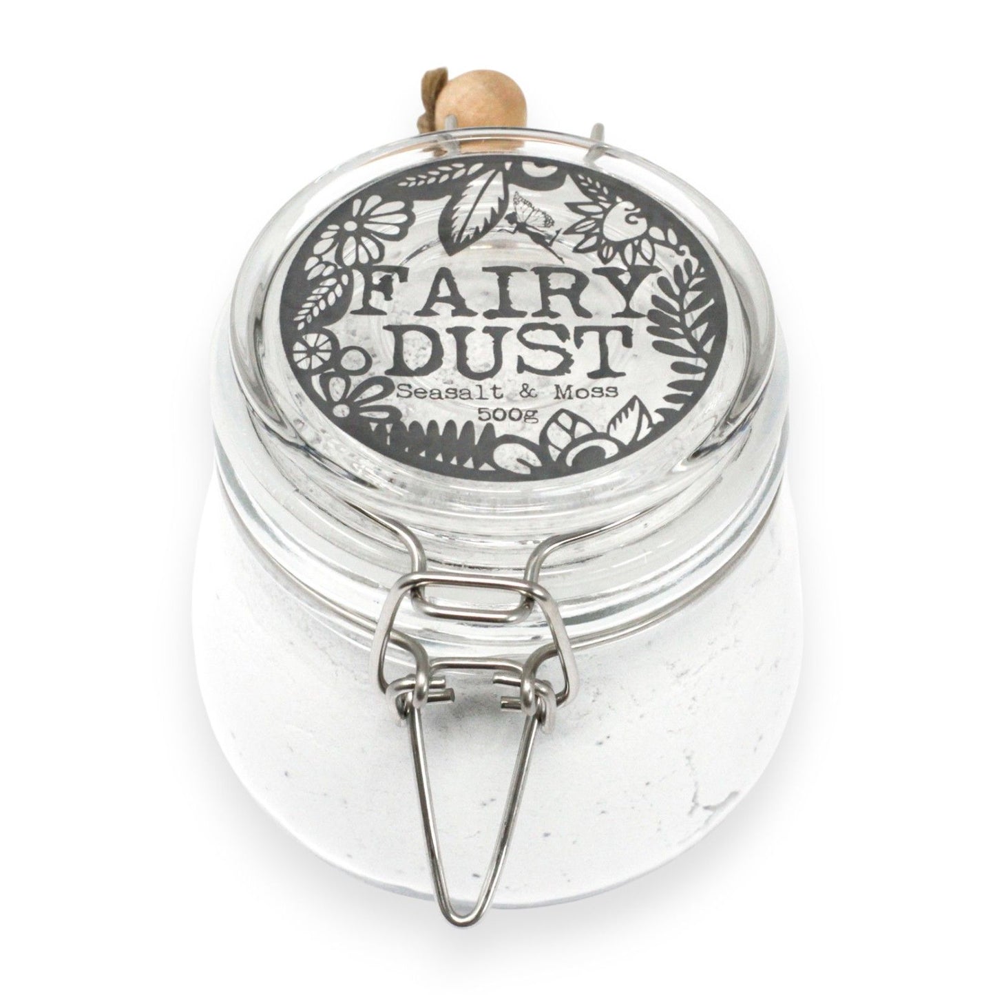 Luxurious bath powder in a glass Kilner jar featuring sea salt and moss fragrance for a relaxing spa experience.