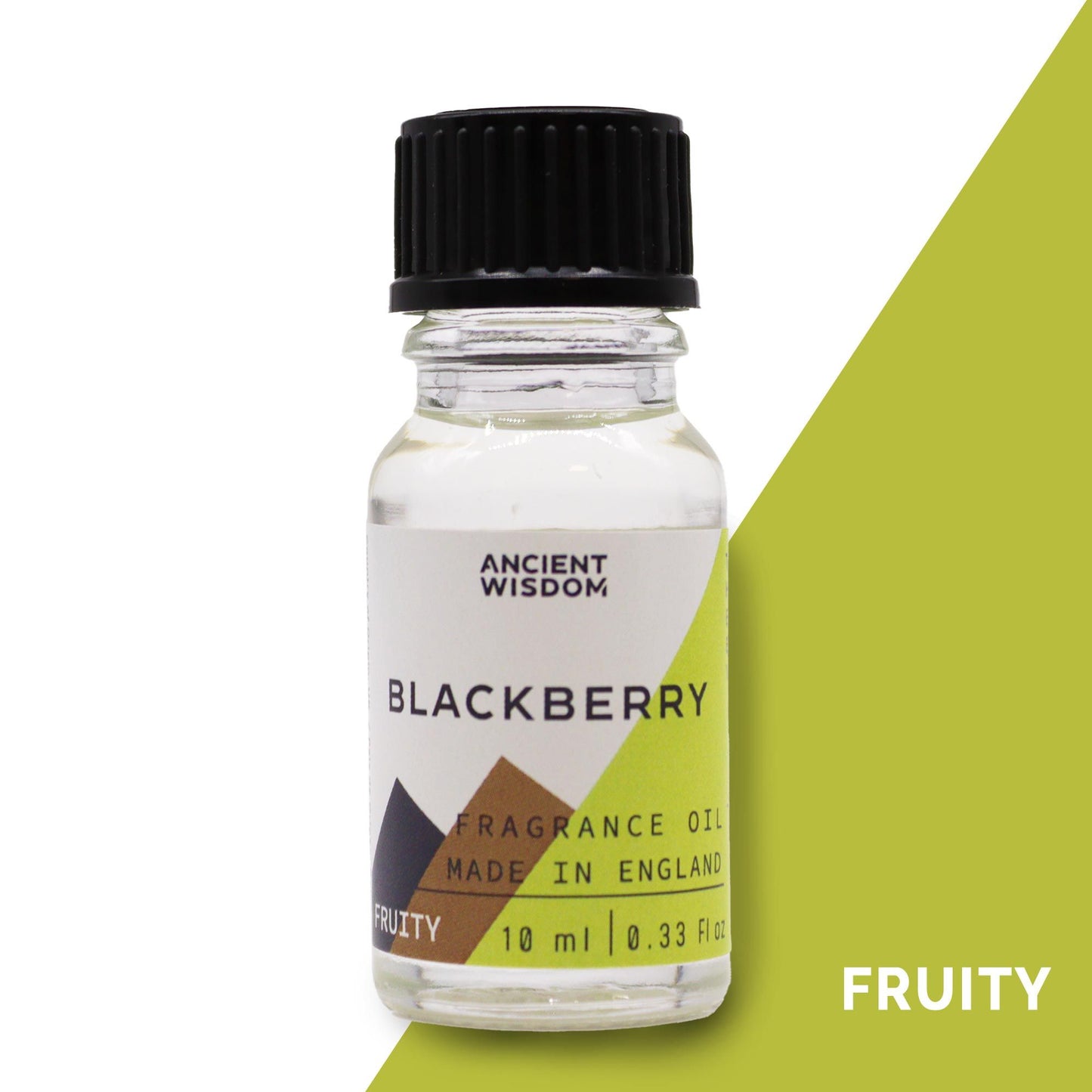 A small amber glass bottle of blackberry fragrance oil with a black dropper cap on a plain background.