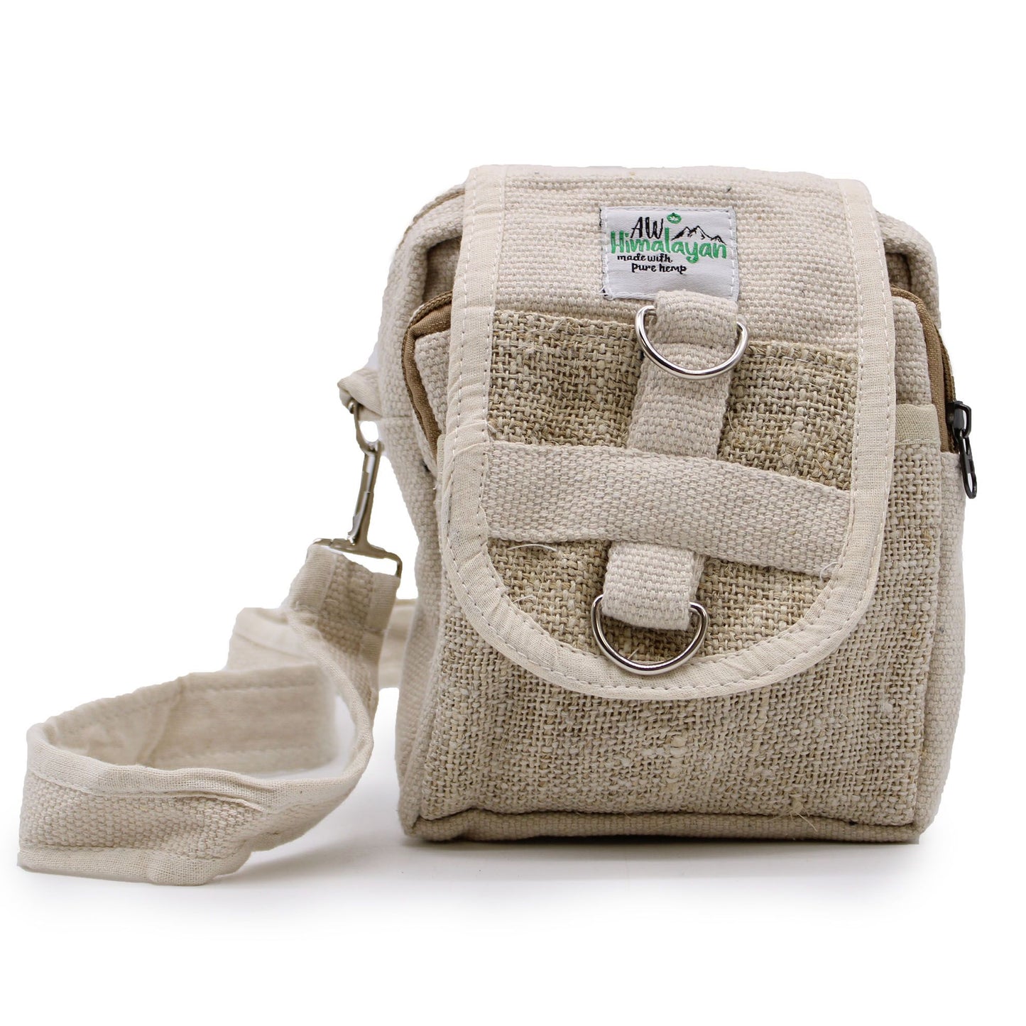 Sustainable tan cross-body travel bag made from a textured natural hemp and cotton blend with an adjustable strap.