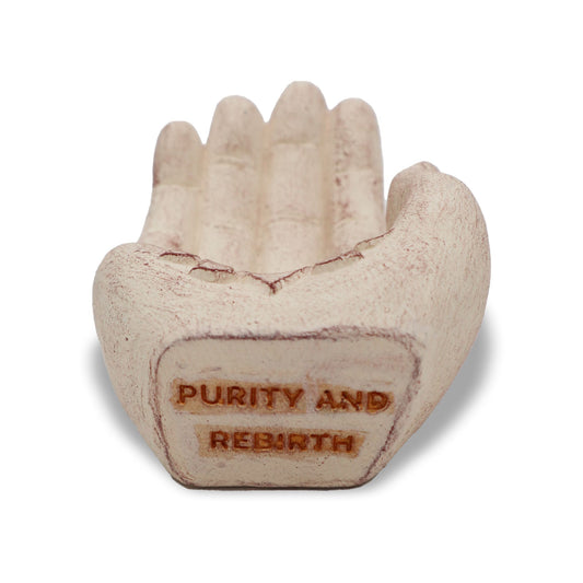 Elegant white stone incense burner carved in the shape of a hand holding a lotus flower.