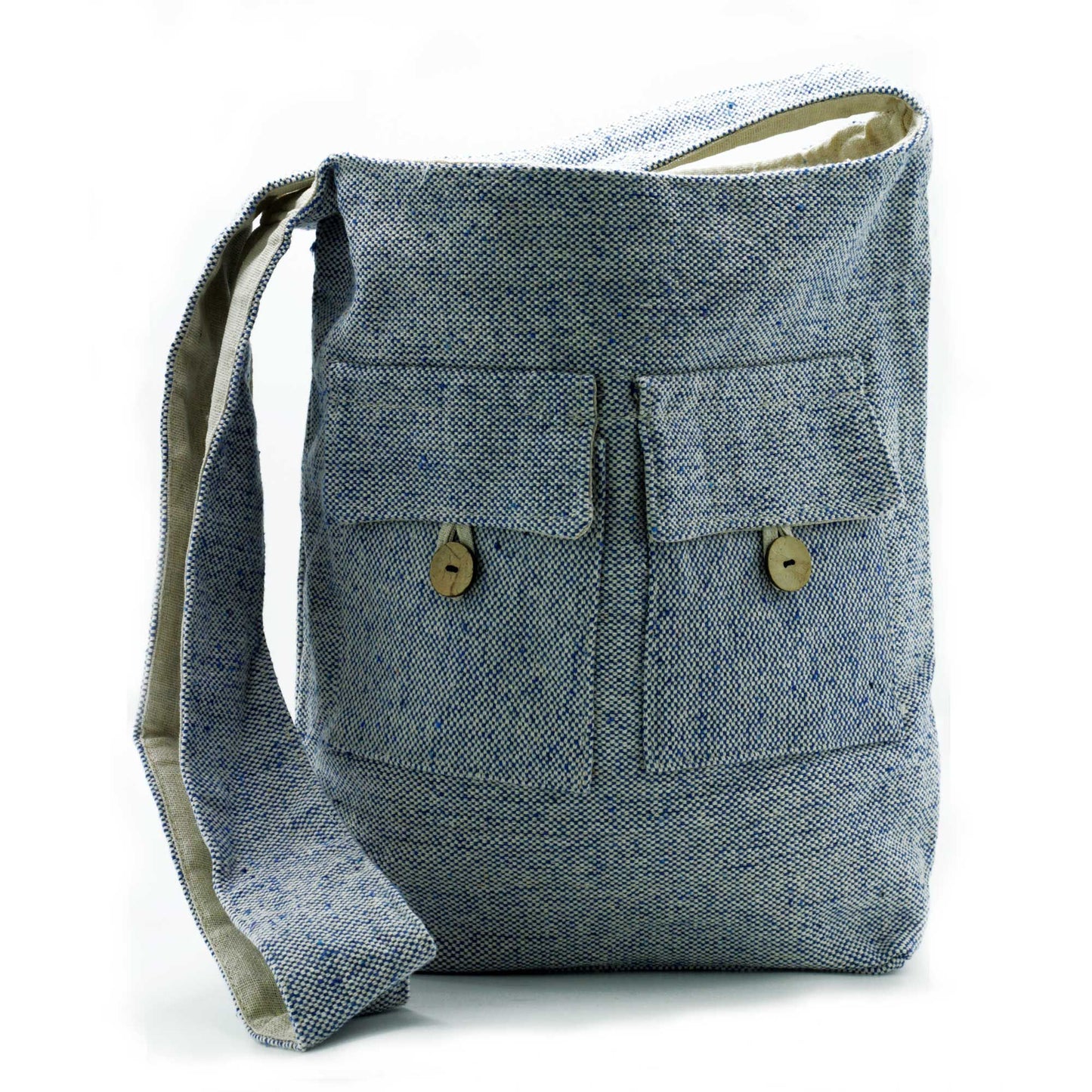 Large denim blue cotton tote bag with two front pockets and a minimalist, contemporary design.