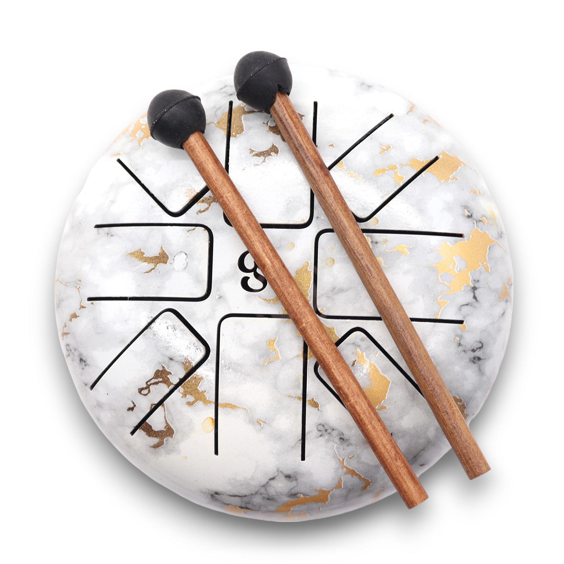 Elegant white marble-effect steel tongue drum with an engraved Om symbol and matching mallets.