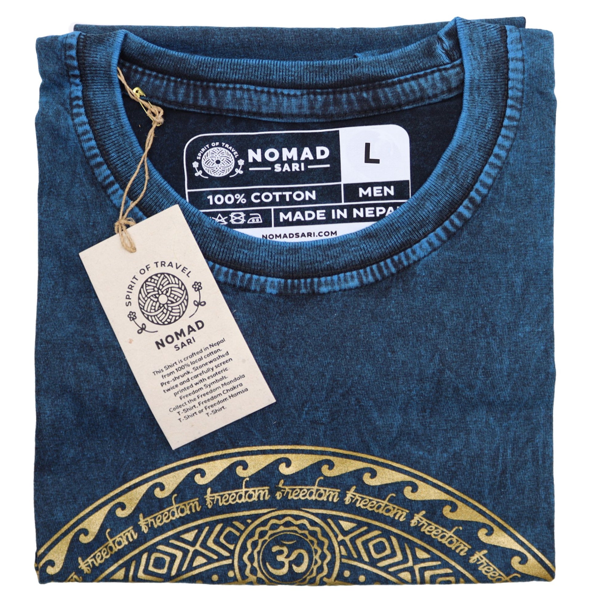 Large blue stone washed t-shirt featuring a vertical chakra symbols design on the front.