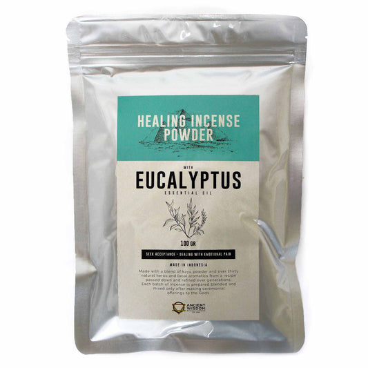 Finely textured eucalyptus green incense powder in a pile, ready for use in a heat-resistant burner.