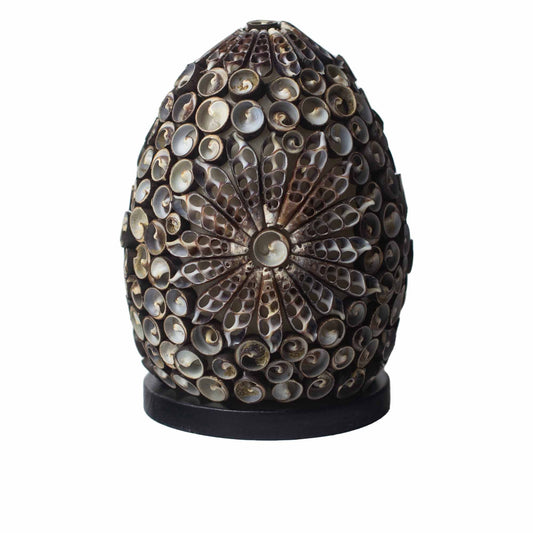 Handcrafted oval lamp featuring brown and white sea shells meticulously arranged on a black base.