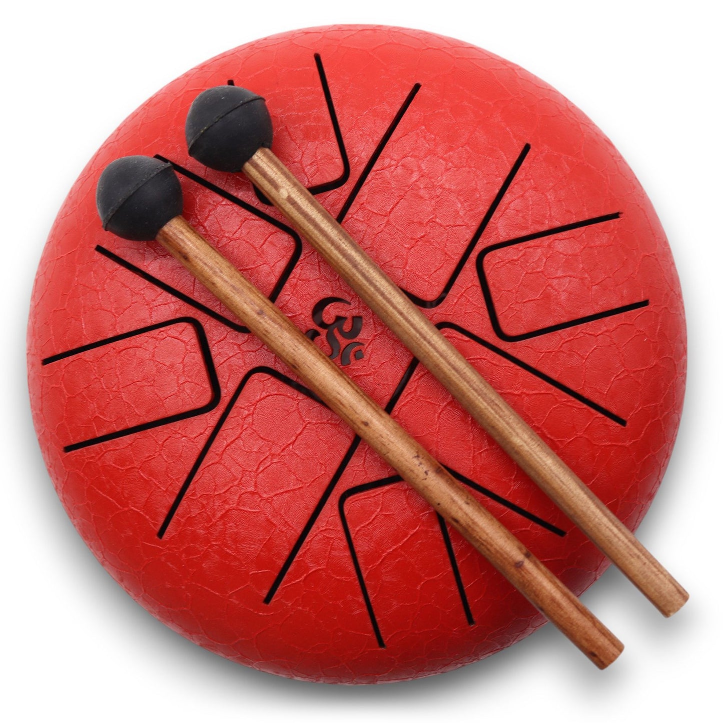 Vibrant red steel tongue drum featuring a central Om symbol, supplied with two wooden mallets and a black carrying bag.