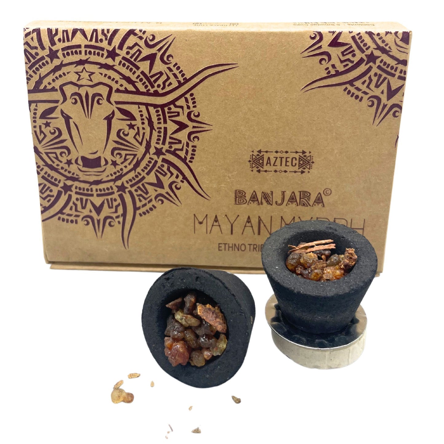 Handcrafted smudge cups filled with natural Mayan Myrrh resin on a neutral background.