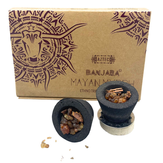 Handcrafted smudge cups filled with natural Mayan Myrrh resin on a neutral background.