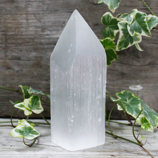 Tall, slender Selenite crystal tower with a pointed pencil tip, showing a milky white translucent texture.