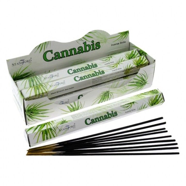 A pack of hexagonal incense sticks with a green and black label featuring a cannabis leaf design.