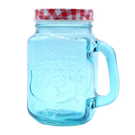 Stylish blue glass mason jar with a handle and embossed Ice Cold text, ideal for serving chilled summer beverages.