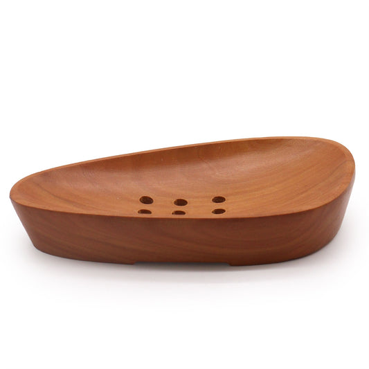 Handcrafted rich mahogany wood soap dish with a slatted design for drainage and a smooth polished finish.