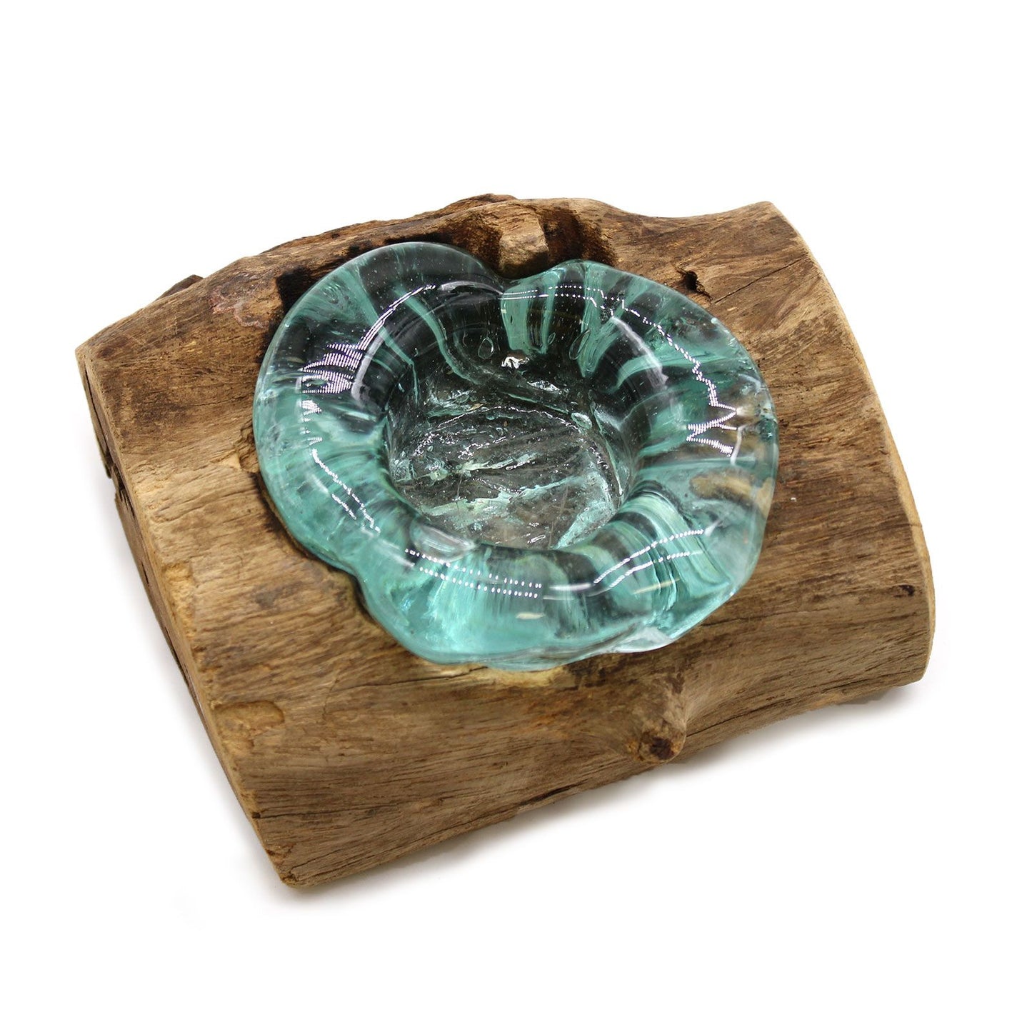 Hand-blown recycled molten glass candle holder bowl shaped over a natural organic gamal wood base.