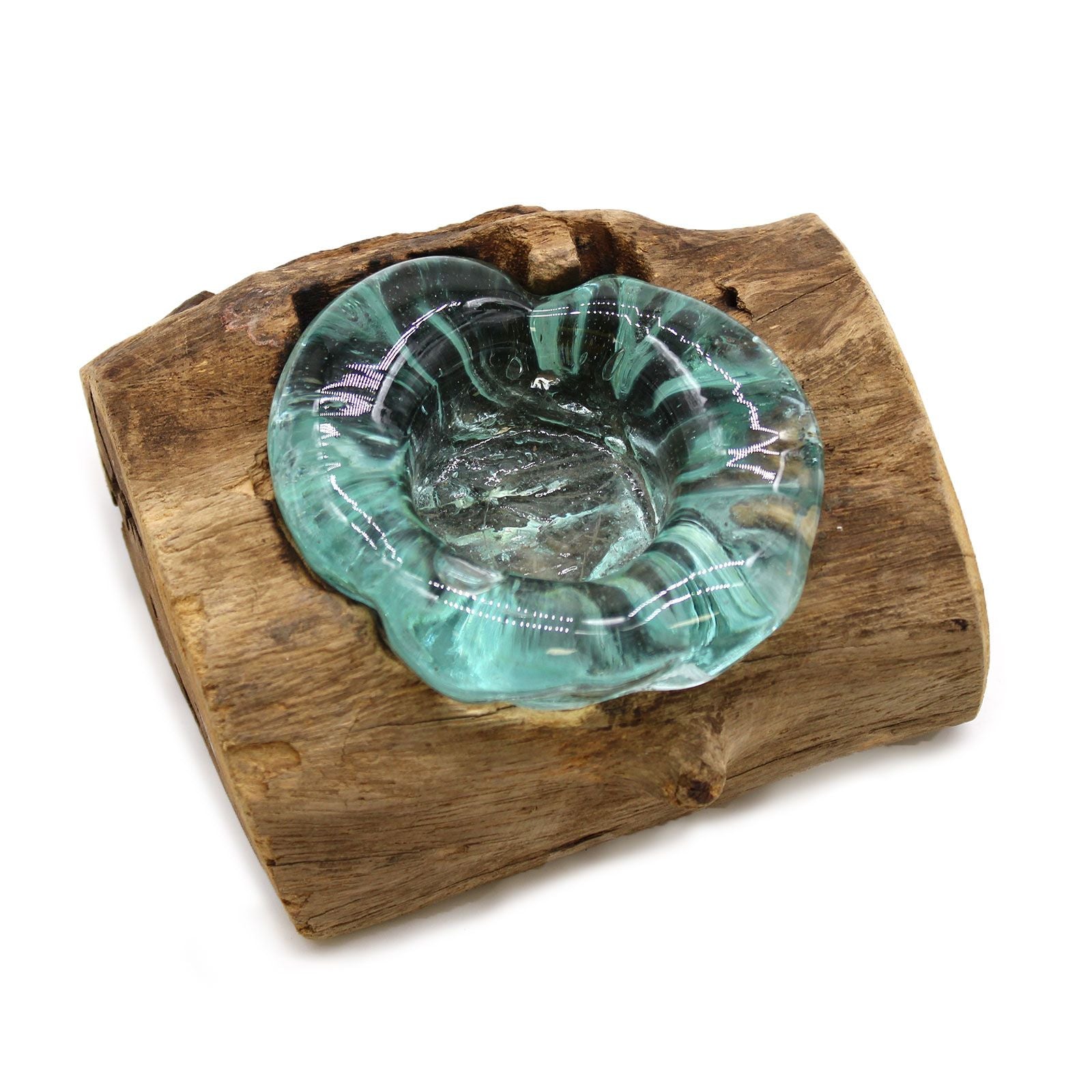 Hand-blown recycled molten glass candle holder bowl shaped over a natural organic gamal wood base.