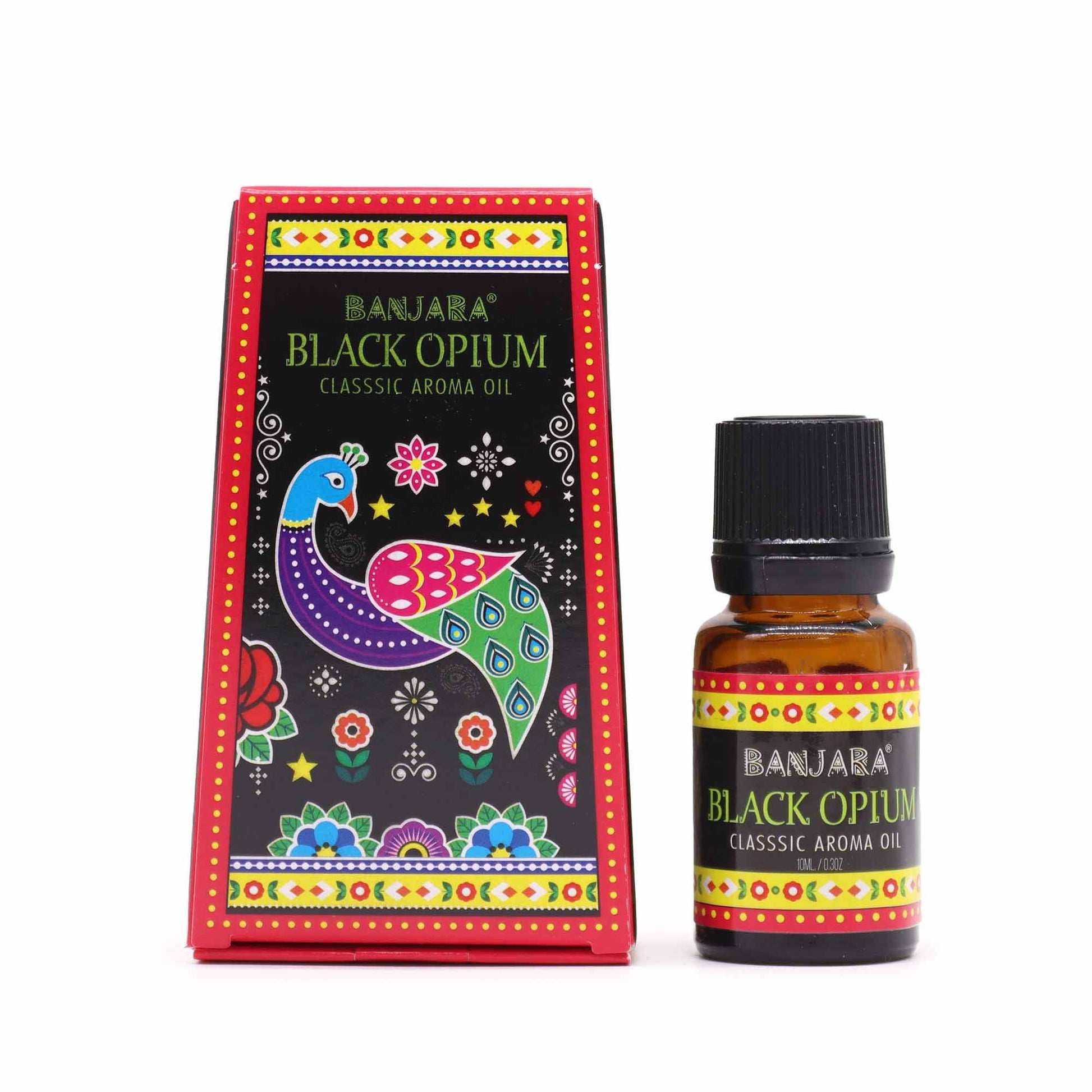 A 10ml bottle of Black Opium fragrance oil with an ornate black and gold label.