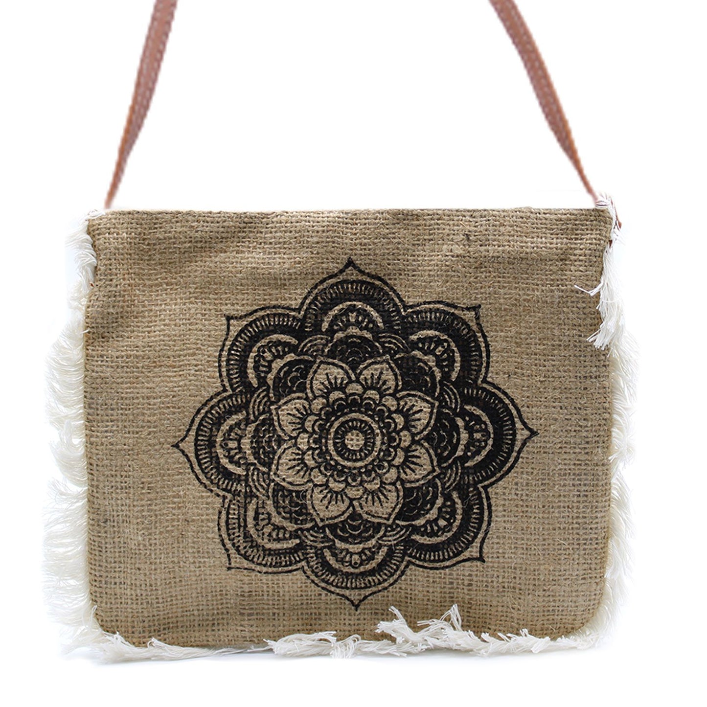 Soft washed jute bag featuring a white Mandela screen print, cotton fringe detail, and a dark leather-effect shoulder strap.